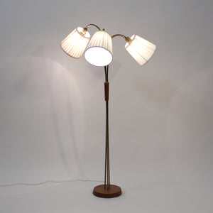 Scandinavian mid-century 3-light floor lamp, teak and brass, 1950s