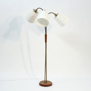 Scandinavian mid-century 3-light floor lamp, teak and brass, 1950s