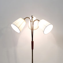 Load image into Gallery viewer, Scandinavian mid-century 3-light floor lamp, teak and brass, 1950s