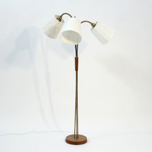 Load image into Gallery viewer, Scandinavian mid-century 3-light floor lamp, teak and brass, 1950s