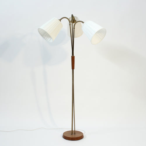 Scandinavian mid-century 3-light floor lamp, teak and brass, 1950s