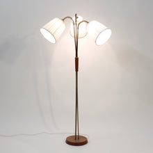 Load image into Gallery viewer, Scandinavian mid-century 3-light floor lamp, teak and brass, 1950s