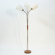 Load image into Gallery viewer, Scandinavian mid-century 3-light floor lamp, teak and brass, 1950s