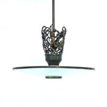 Load image into Gallery viewer, Rare Swedish Grace bronze and frosted glass ceiling lamp with figural motifs, 1920s