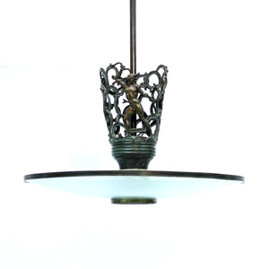 Rare Swedish Grace bronze and frosted glass ceiling lamp with figural motifs, 1920s
