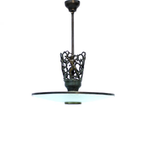 Rare Swedish Grace bronze and frosted glass ceiling lamp with figural motifs, 1920s