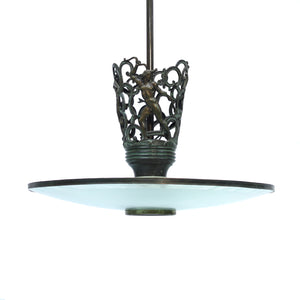 Rare Swedish Grace bronze and frosted glass ceiling lamp with figural motifs, 1920s