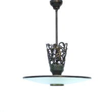 Load image into Gallery viewer, Rare Swedish Grace bronze and frosted glass ceiling lamp with figural motifs, 1920s