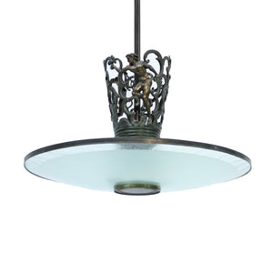 Rare Swedish Grace bronze and frosted glass ceiling lamp with figural motifs, 1920s