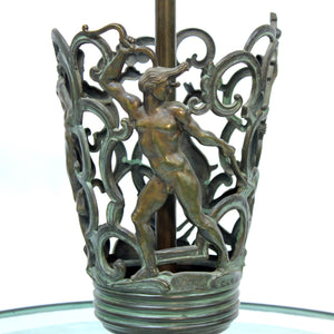 Rare Swedish Grace bronze and frosted glass ceiling lamp with figural motifs, 1920s