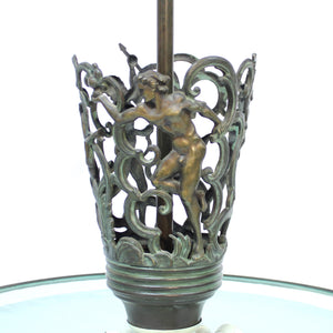 Rare Swedish Grace bronze and frosted glass ceiling lamp with figural motifs, 1920s