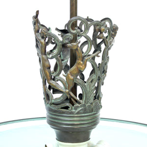 Rare Swedish Grace bronze and frosted glass ceiling lamp with figural motifs, 1920s