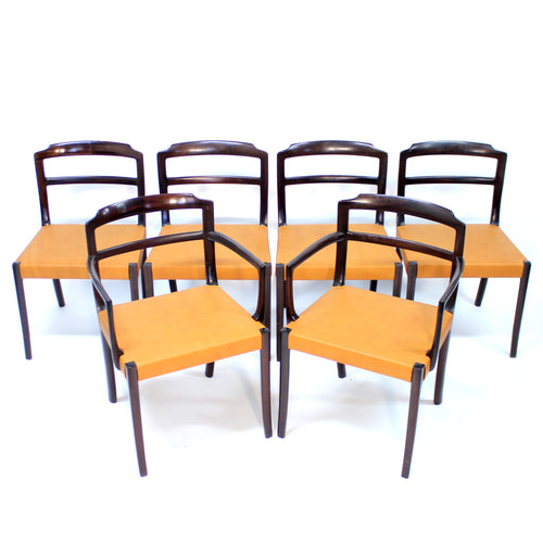 Ole Wanscher, set of 6 Danish leather and Mahogany dining chairs for CADO, 1960s