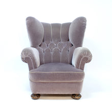 Load image into Gallery viewer, Oversized Swedish Modern Lounge chair in grey velvet, 1940s