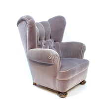 Load image into Gallery viewer, Oversized Swedish Modern Lounge chair in grey velvet, 1940s