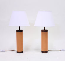 Load image into Gallery viewer, Pair of rosewood and leather table lamps, attributed to Bergboms, 1960s