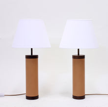 Load image into Gallery viewer, Pair of rosewood and leather table lamps, attributed to Bergboms, 1960s