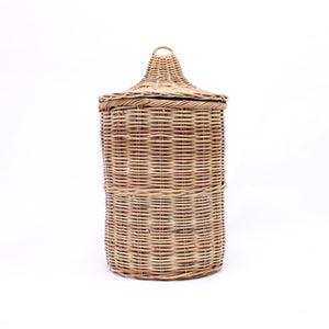 Large vintage wicker basket with lid, ca 1970s