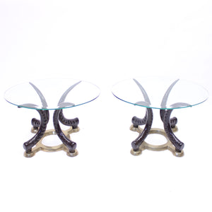 Pair of vintage brass and faux tusks side or coffee tables, ca 1980