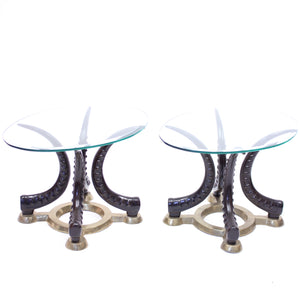 Pair of vintage brass and faux tusks side or coffee tables, ca 1980