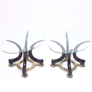 Pair of vintage brass and faux tusks side or coffee tables, ca 1980