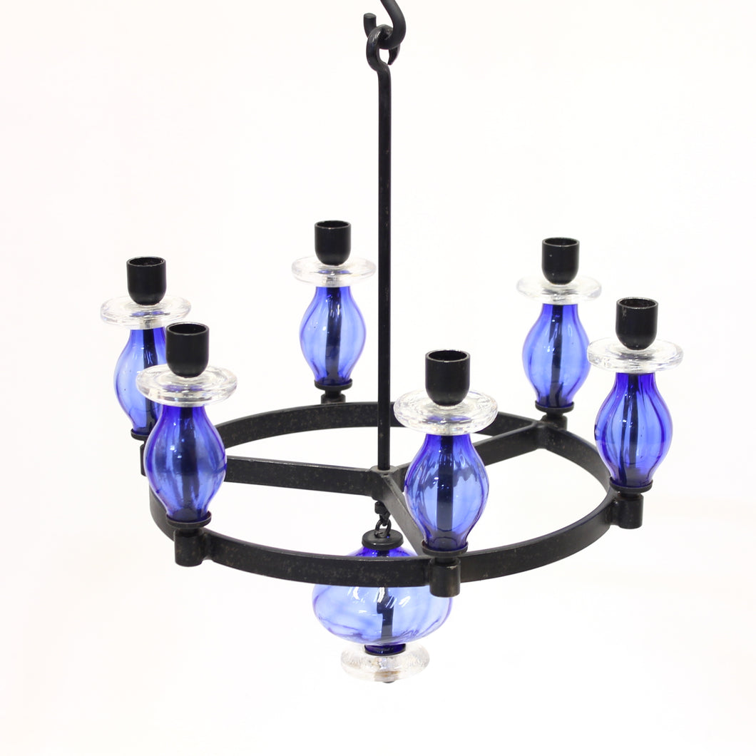 Erik Höglund, rare glass and wrought iron chandelier, Boda smide, 1960s