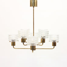 Load image into Gallery viewer, Swedish brass chandelier with glass shades, 1960s