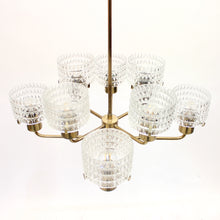 Load image into Gallery viewer, Swedish brass chandelier with glass shades, 1960s