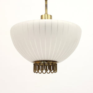 Scandinavian frosted glass and brass ceiling lamp, 1950s