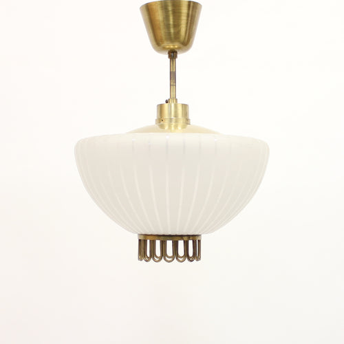 Scandinavian frosted glass and brass ceiling lamp, 1950s