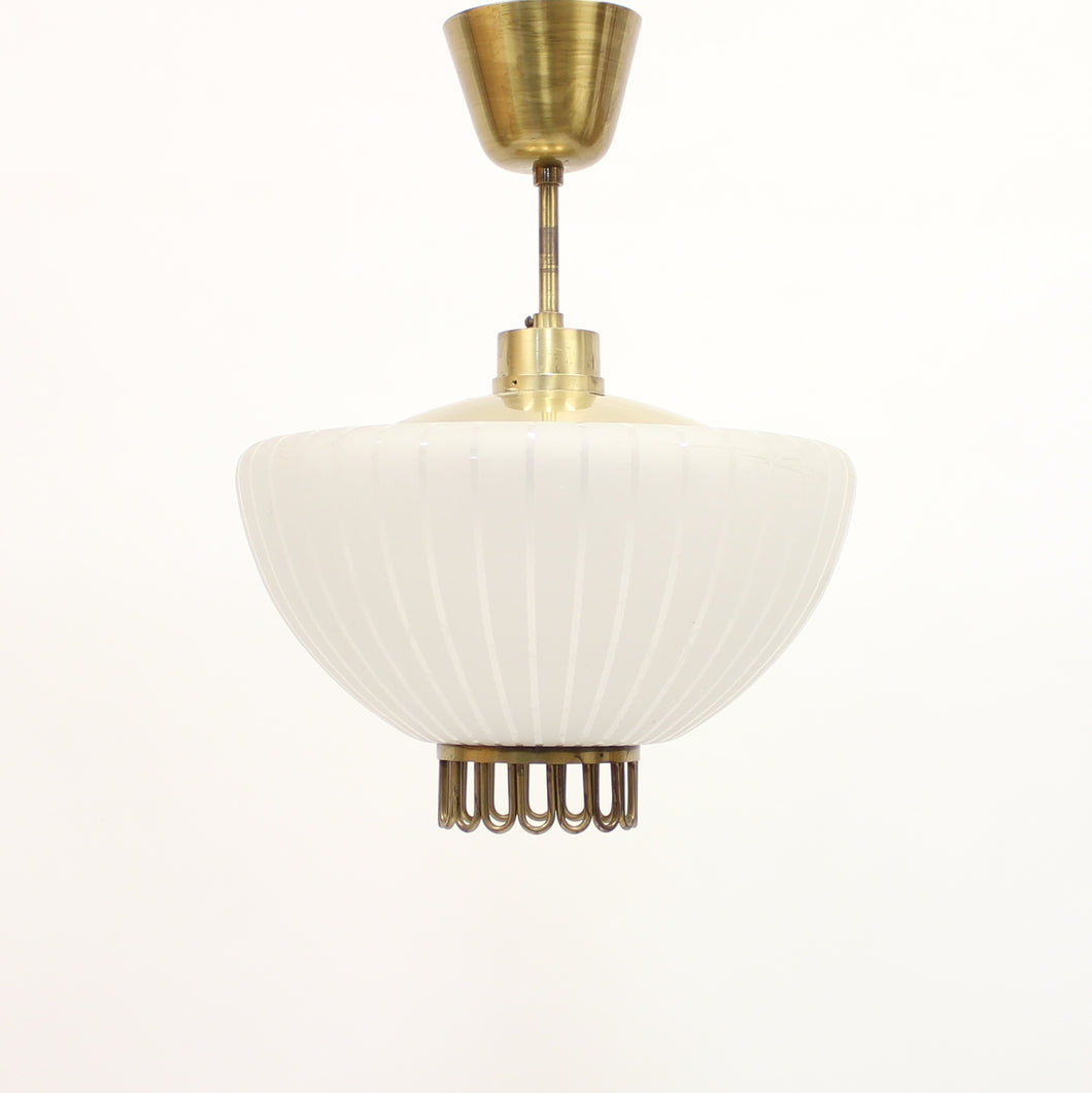 Scandinavian frosted glass and brass ceiling lamp, 1950s