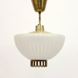 Scandinavian frosted glass and brass ceiling lamp, 1950s