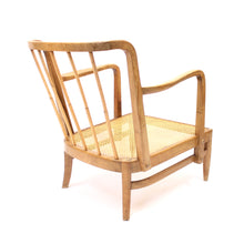 Load image into Gallery viewer, Otto Schulz, rare Swedish Modern birch, bambu &amp; rattan longe chair, ca 1940