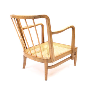 Very rare Swedish Modern birch, bambu & rattan longe chair, attr. to Otto Schulz, ca 1940