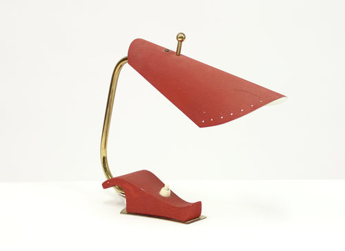 Mid-Century Brass and Red Metal Table Lamp, 1950s