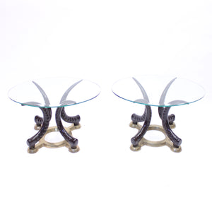 Pair of vintage brass and faux tusks side or coffee tables, ca 1980